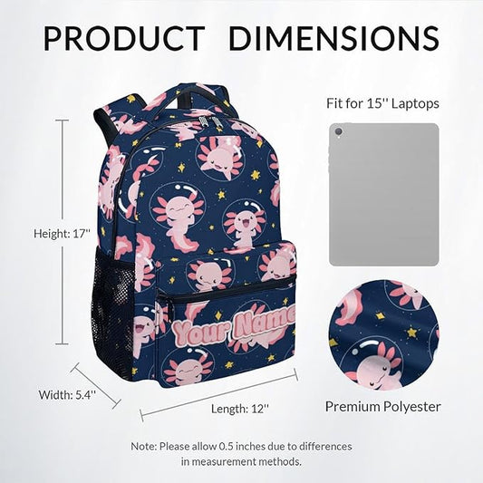 COZYAURA Custom School Bags for Girls - Cute Axolotl Travel Backpack for Kids - 17 Inch Black Bookbag for Elementary Middle School - Back to School Supplies