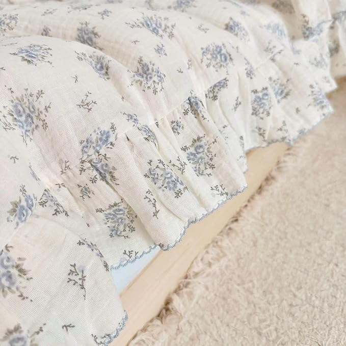 BuLuTu Cottage Chic Ruffled Duvet Cover Full, Blue Floral Quilt Cover 79"x90", 1 PC, Soft Muslin Cotton Comforter Cover Farmhouse Bedding Duvet Cover, No Comforter Insert/Pillowcase
