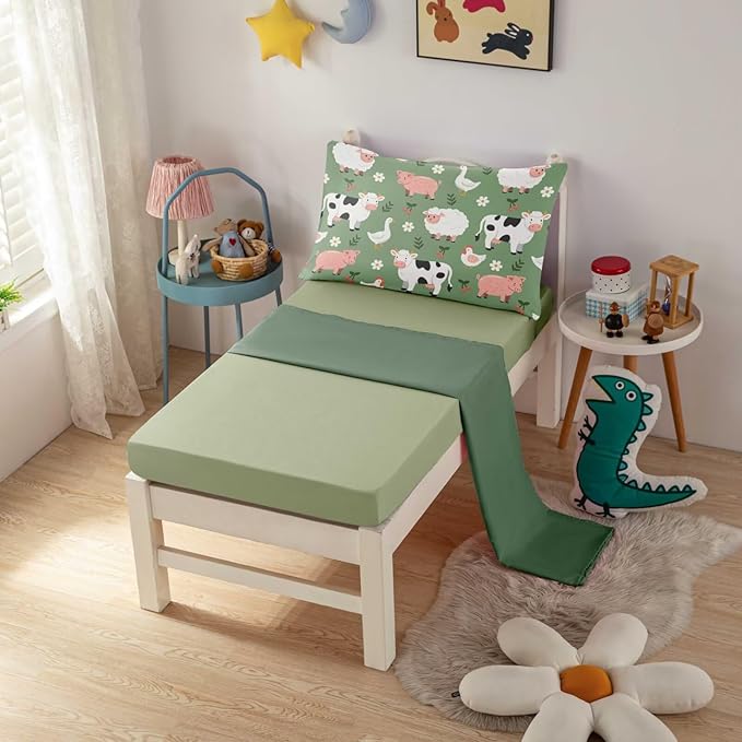 4 Pieces Toddler Bedding Set for Boys Girls,Farmhouse Farm Animal Toddler Comforter Set Bed in a Bag Includes Comforter, Flat Sheet, Fitted Sheet and Pillowcase