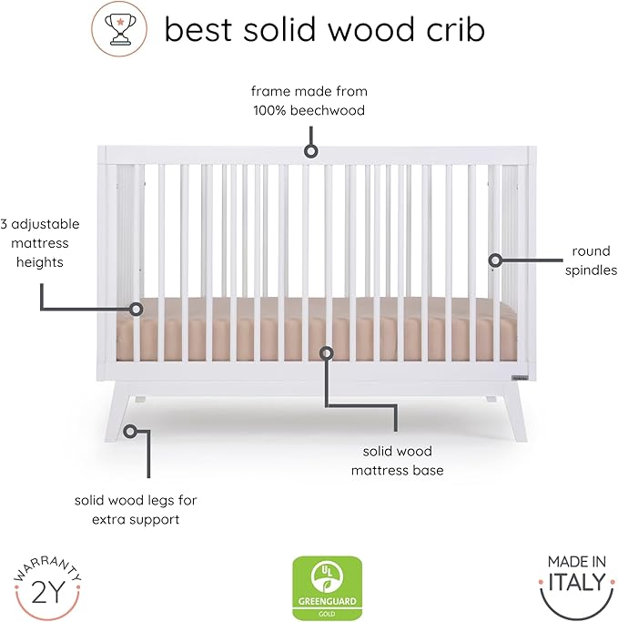 dadada Baby Soho 3-in-1 Convertible Wooden Crib to Toddler Bed - Made in Italy, GREENGUARD Gold Certified, Baby-Safe Finish, Handcrafted Beechwood, Modern Design, 3 Adjustable Heights (White)