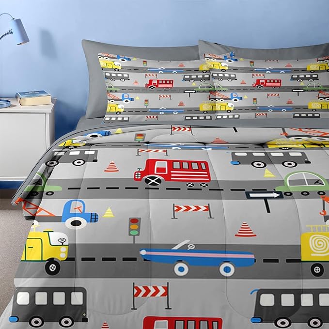 Nesker 4 Pcs Comforter Set Toddler Size, Car Bus Truck Bedding for Kids Teen, Tree Constrution Road Bed Sheet with Pillowcase & Sham