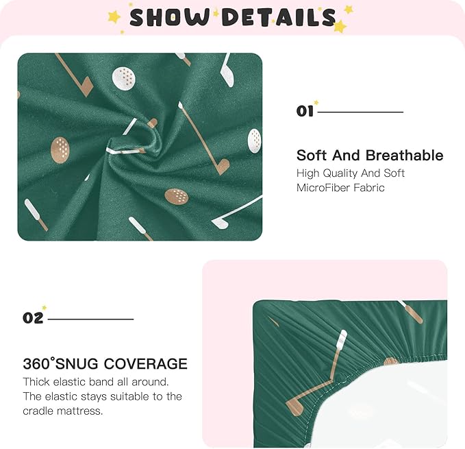 Golf Sports Pattern Green Crib Sheets Soft Breathable Fitted Baby Crib Sheets Mattress Cover for Girls Boy, 52" x 28" x 9"