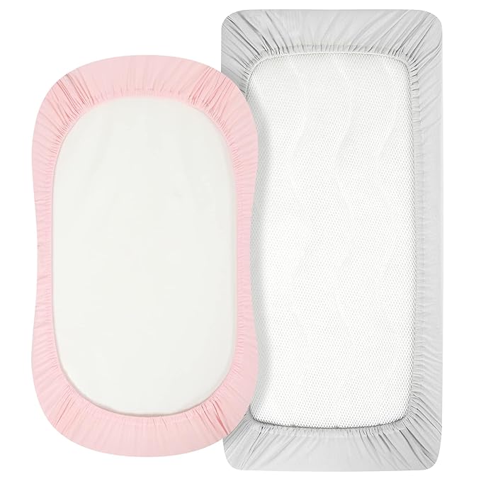 TILLYOU Baby Bassinet Sheets for Girls Boys, Fit for Hourglass Oval Rectangle Bassinet Mattress Sheets, 33”X16”, 2 Pack Gray and Pink