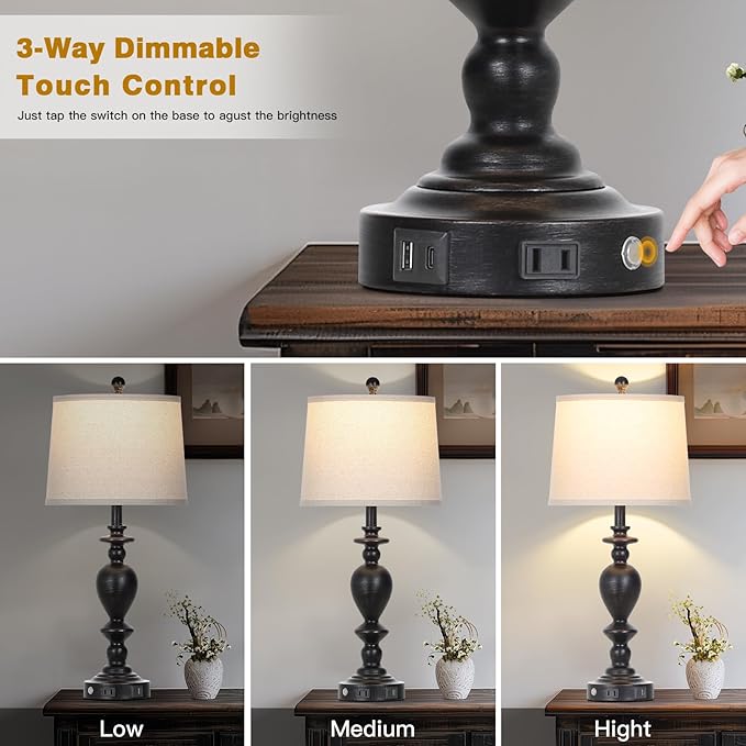 luxeflow 28" Tall Farmhouse Bedside Lamp Set of 2,Black Vintage Bedside Lamps with USB C+A Ports & AC Outlet,3-Way Dimmable Touch Lamp for Night Stands Living Room Bedroom,Black-2