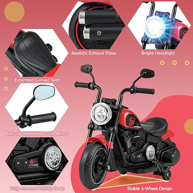 HONEY JOY Ride On Motorcycle, 6V Toddler Motorcycle with LED Light, Music, Foot Pedal, Forward/Backward, Soft Start, 3-Wheel Battery Powered Electric Motorcycle for Kids, Gift for Boys Girls (Red)