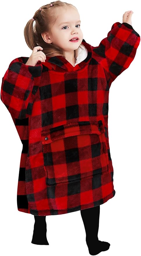 KFUBUO Wearable Blanket Hoodie for Kids Toddlers Sherpa Blanket Sweatshirt With Pocket Cute Hoodies 2-6 Year Old Girl Boy Red Plaid
