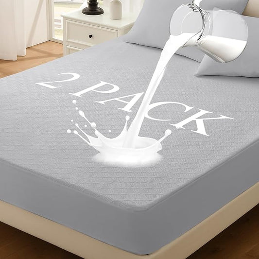 Twin Mattress Protector 2 Pack, Waterproof Mattress Pad Washable Rayon Mattress Cover Breathable Noiseless Bed Protector 3D Patterns 5" - 21'' Elastic Fitted Deep Pocket(Light Grey)