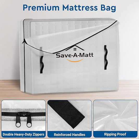 Mattress Bags for Moving -Extra Thick Queen Mattress Storage Bag, 8 Strong Handles & Reinforced Stitching, Waterproof Reusable Clear Mattress Cover Protector (82’’x63’’x15’’ Queen Size)