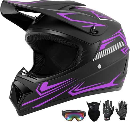 Youth Kids Dirt Bike Motocross Helmet (Goggles Gloves Face Mask) 4PCS Set, DOT Approved Girls Full Face Motorcycle Helmets, ATV BMX MX Mountain Bike Off Road Kid Helmet (Purple, S)