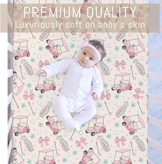 Girly Golf Stripes Bows Floral Baby Crib Sheets for Girls Pastel Pink Golfing Soft Snug Fitted Crib Mattress Covers for 52''x28'' Standard Crib & Toddler Mattress Preppy Girl Sports Nursery Bed Sheets