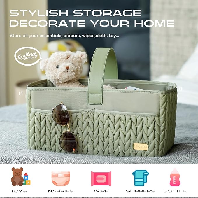 LUKJOJO Luxurious Baby Diaper Caddy, Nursery Storage Basket for Newborn Essentials, Travel Baby Basket for Diapers Baby Wipes, Organizer Tote Bag Storage Bin, Baby Shower Gifts(Sage Green)