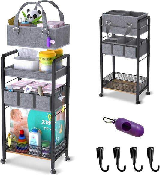 JRANBRJS 2IN1 Baby Diaper Caddy Organizer-3 Tier Rolling Storage Cart with Dividers - Bedside Diaper Caddy Cart for Baby Nursery Newborn Essentials-Mobile Utility Carts with Wheels for Changing Table