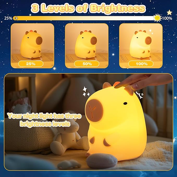 loatme Night Light for Kids, Rechargeable Dimmable Silicone LED Nightlight with 7 Colors, Baby Nursery Night Lamp, Touch Squishy Lamp, Cute Gifts for Girls, Boys, Toddler Room Decor, Capybara