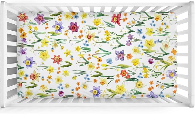 Watercolor Flowers Baby Crib Sheet 52''x28'' Colorful Floral Leaves Stretchy Fitted Crib Mattress Cover for Boy Girl Wild Plants Soft Nursery Baby Sheets for Standard Crib and Toddler Mattresses
