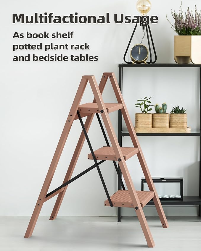 HillhutApex 3 Step Stool, Aluminum Foldable Step Ladder, Lightweight Stable Stool with Wide Non-Slip Pedals, 330lbs Bearing Capacity Ladder for Office,Home,Kitchen - Light Pink