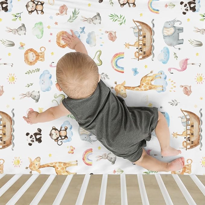 Cute Animals Ship Baby Crib Sheets for Boy Girl 28"x52" Lion Panda Giraffe Flamingo Rainbow Sun Leaves Soft Snug Fitted Crib Mattress Cover Wildlife Baby Sheet for Standard Crib & Toddler Bed Mattress