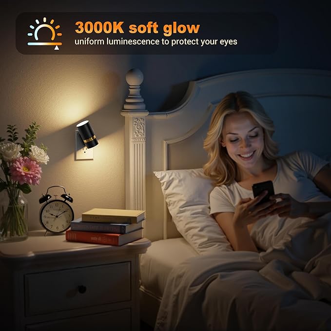 JandCase Night Lights Plug into Wall,2 Pack Amber/3000k/5000K Color Change Night Light with Dusk to Dawn, 3CCT & 10/25/50/75/100LM Dimmable Plug in LED Nightlight for Bedroom, Hallway, Stairs