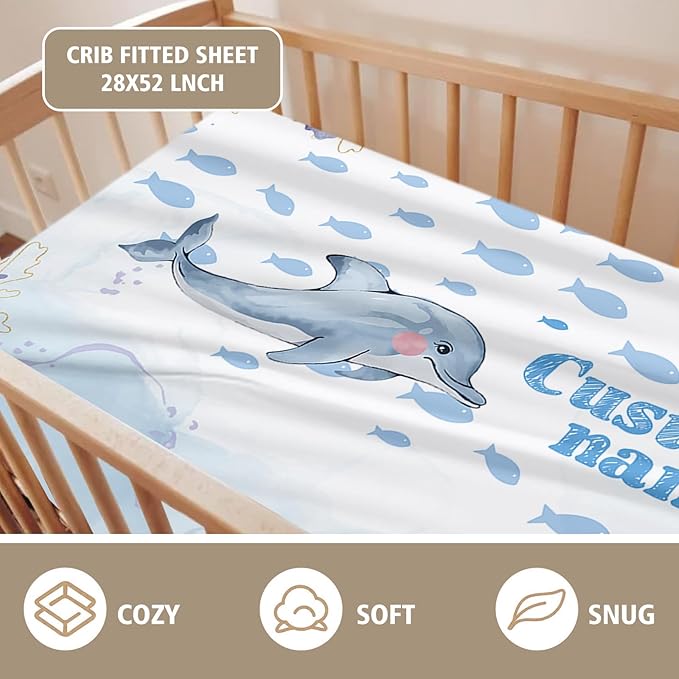 Personalized Baby Crib Bedding Set, Custom Name Blue Dolphin Baby Bedding 2-Pcs Set - Soft Double Layer Dotted Blanket and Fitted Sheet, Nursery Bedding for Newborn Boys Girls, Perfect Shower Gift