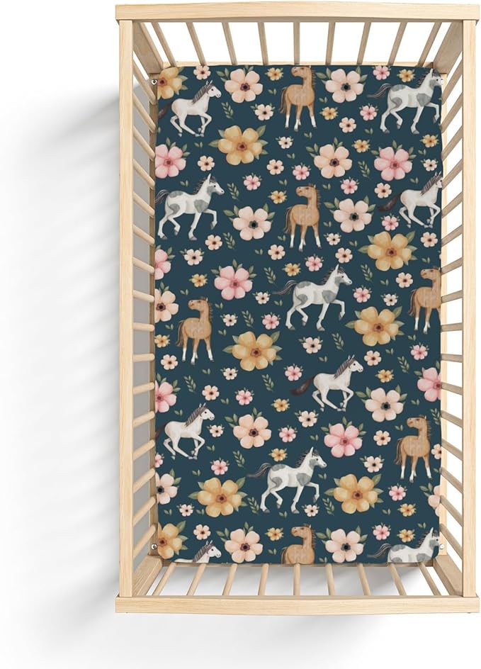 Watercolor Horse Floral Baby Crib Sheets for Boy Girl 52"x28" Running Horses Boho Flowers Soft Snug Fitted Crib Mattress Cover Wild Animals Baby Sheet for Standard Crib & Toddler Bed Mattress Navy