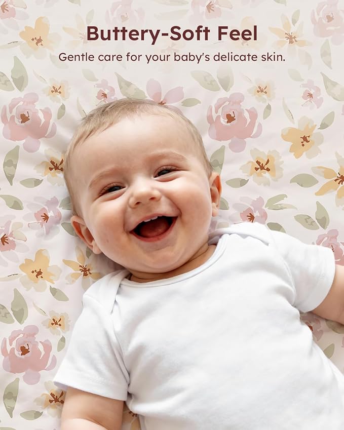 Pack and Play Sheets Fitted 3 Pack, Mini Crib Sheets for Pack N Play Mattress Stretchy Portable Playard Sheets, Soft Breathable Pink Flowers & Leaf