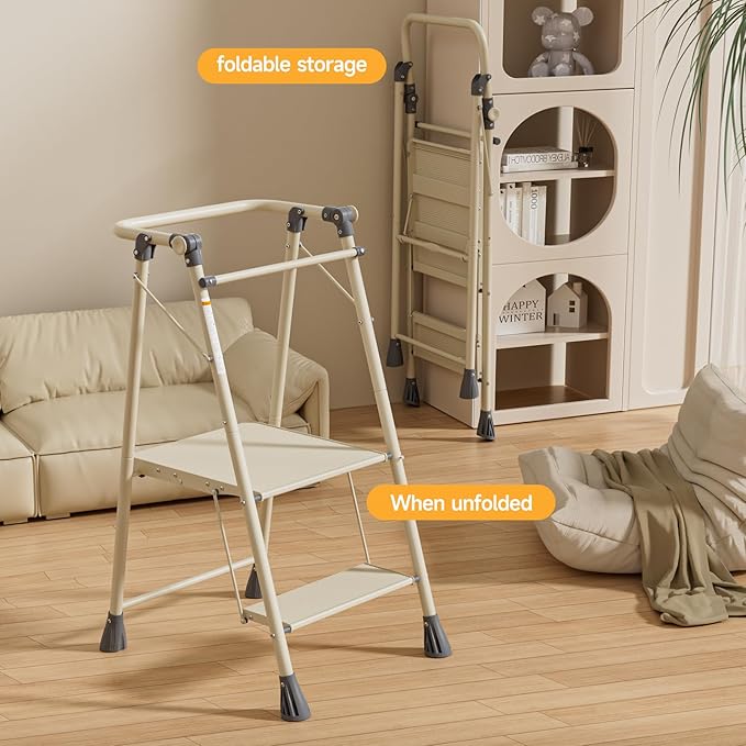 LEDLAY Aluminum Foldable Toddler Tower 2 Steps, Kids Step Stool for Kitchen, Toddler Kitchen Stool Helper with Anti-Drop Safty Railing, Multi-Functional Learning Tower with Anti-Slip Design, Gray