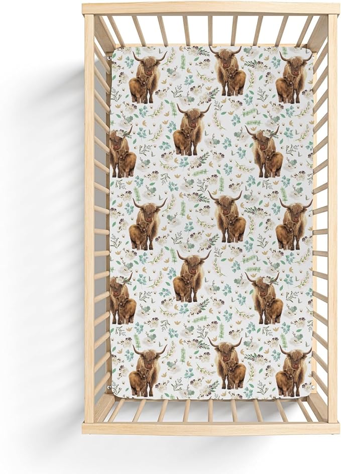 Floral Highland Cow Baby Crib Sheets for Boy Girl 28"x52" Cute Watercolor Cows Yak Cattle Soft Snug Fitted Crib Mattress Cover Spring Farm Animal Baby Sheet for Standard Crib & Toddler Bed Mattress