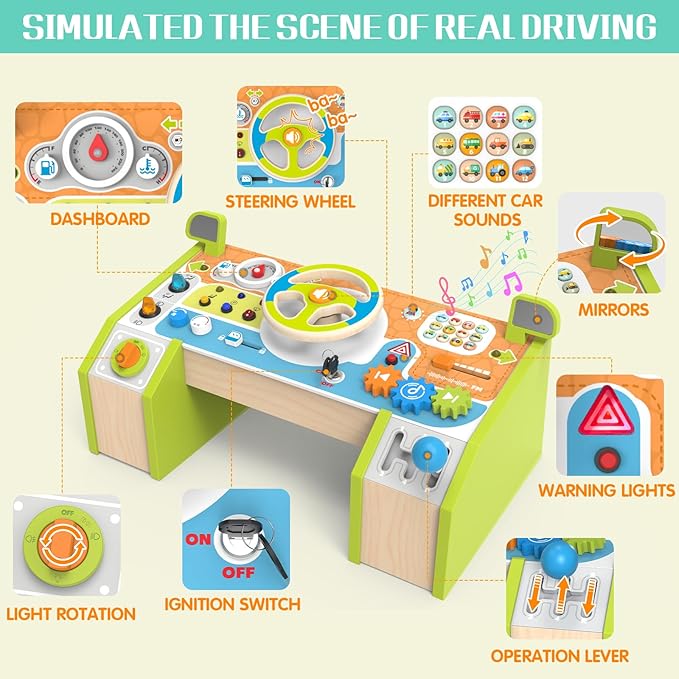 Montessori Car Busy Board for Toddlers, Wooden Sensory Steering Wheel Activity Baby Toy with Lights, Buttons, Gears & Key Start, Kids Interactive Educational Toys for Boys Girls