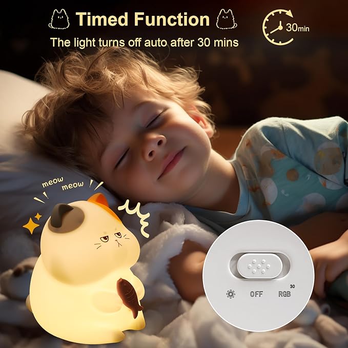 FAMIDUO Greedy Cat Night Light for Kids,3 LevelsDimmable Cute Kitty Nursery Nightlight with Touch ColorChange, Squishy Silicone Rechargeable Bedside Lampfor BabyPregnant Mom/Elderly/Adults