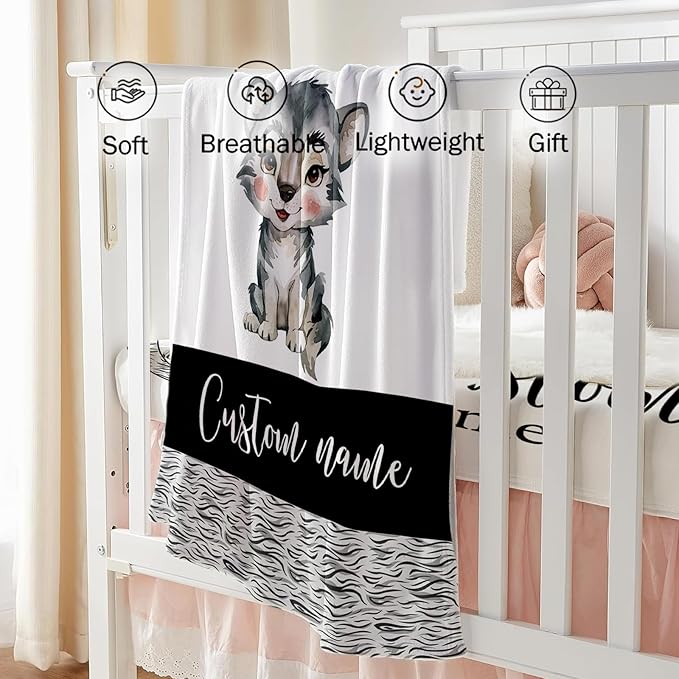 Custom Baby Crib Bedding Set, Personalized Name Little Wolf Theme Crib Set 3 Pcs, Soft Double Layer Blanket, Crib Sheet & Room Rug, Ideal Nursery Decor Gift for Baby Girls Boys