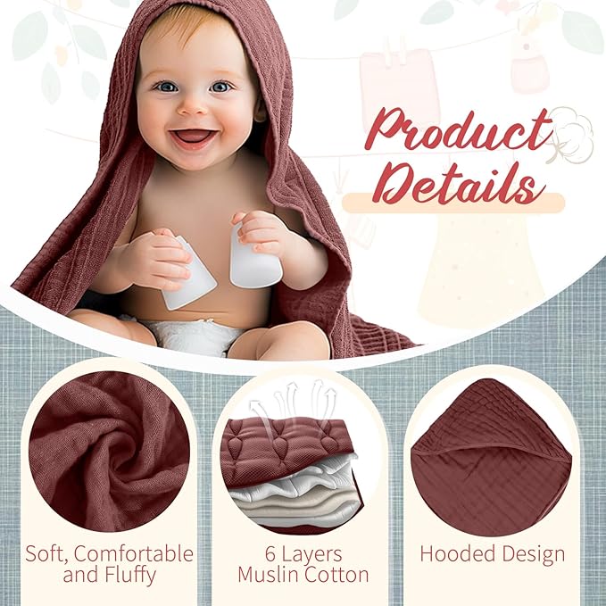 VitalCozy 8 Pcs Baby Muslin Hooded Bath Towels and Washcloths Muslin Cotton Hooded Baby Towels Absorbent Blankets for Gift Newborn Infant Shower (32 x 32 Inch,Warm Colors)