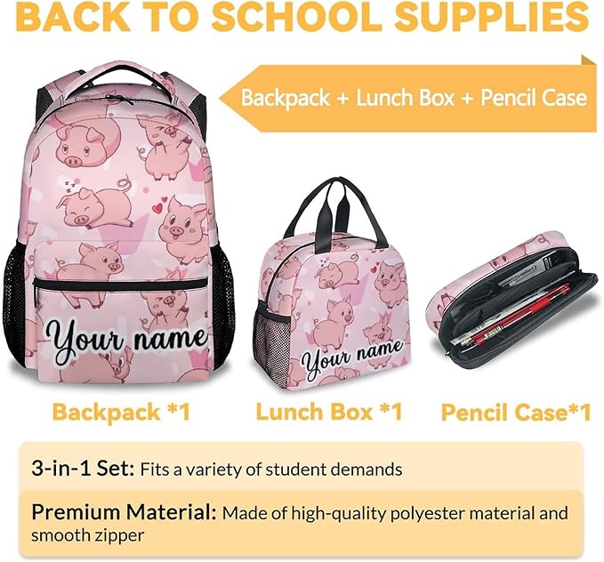 AIOMXZZ Personalized Pig Backpack with Lunch Box and Pencil Case, 16 Inch Cute Pig Bookbag Durable, Lightweight, Large Capacity, Funny Animal Backpack for School Girls Kids Women