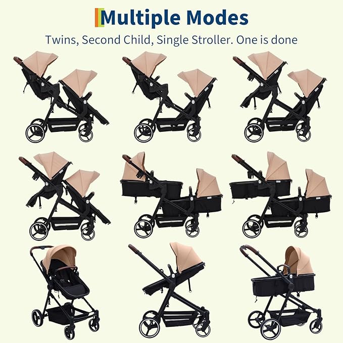 Tandem Double Stroller Newborn and Toddler, Foldable Twin Stroller with Reversible Seat, 5-Point Safety Harness, Adjustable Backrest & Canopy, Storage Basket