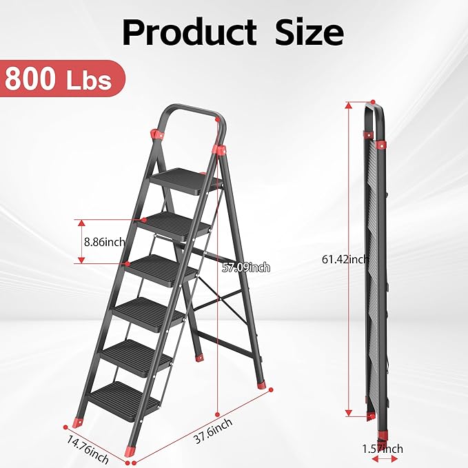 DIAMONDFORGE 6-Step Foldable Step Ladder Stool with Handle, Anti-Slip Wide Pedals & Feet, 800lbs Capacity, Sturdy Stepstool Folding for Adults in Home & Kitchen Use - Black Red