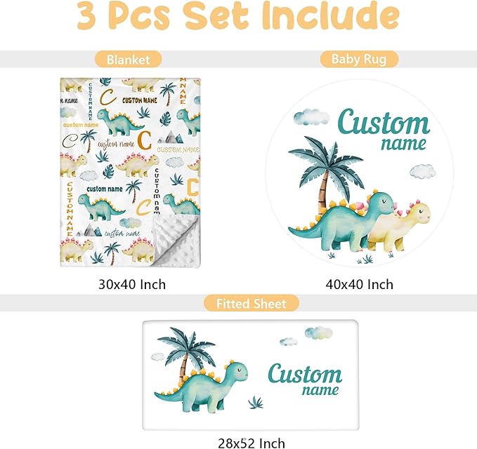 Personalized Baby Bedding Set, 3 Pcs Custom Name Crib Bedding Set for Nursery, Cute Baby Crib Set with Double Layer Blanket for Boys Girls, Customized Gifts for Infants Toddlers, Green Dino