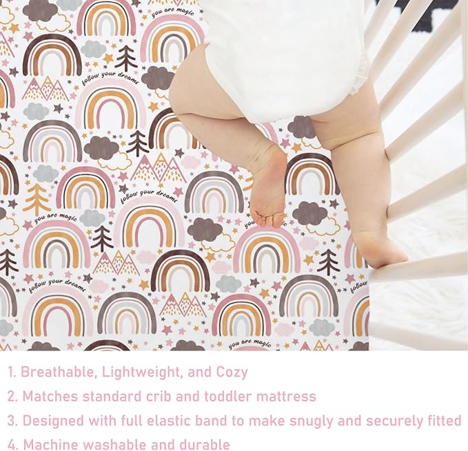 Colorful Boho Rainbow Baby Crib Sheet 52''x28'' Cute Rainbow Mountain Trees Clouds Stars Fitted Crib Mattress Cover for Boy Girl Soft Bed Sheet for Standard Size Crib and Toddler Mattresses