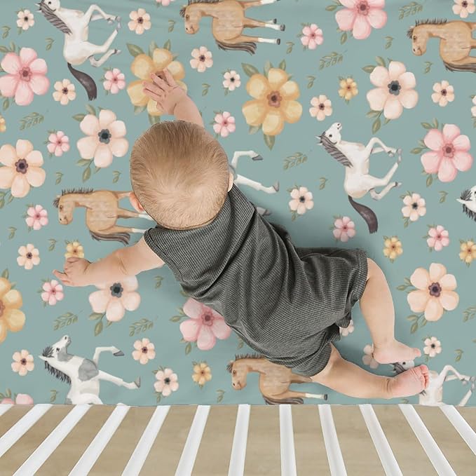Watercolor Horse Floral Baby Crib Sheets for Boy Girl 52"x28" Running Horses Boho Flowers Soft Snug Fitted Crib Mattress Cover Wild Animals Baby Sheet for Standard Crib & Toddler Bed Mattress Green