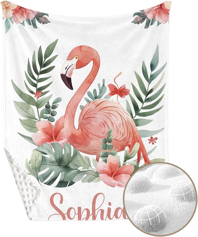Personalized Baby Crib Bedding Set, Custom Name Flamingo Design Baby Bedding 2-Pcs Set-Soft Double Layer Dotted Blanket and Fitted Sheet, Nursery Bedding for Newborn Boys Girls, Perfect Shower Gift