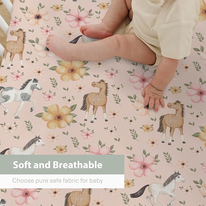 Watercolor Horse Floral Baby Crib Sheets for Boy Girl 52"x28" Running Horses Boho Flowers Soft Snug Fitted Crib Mattress Cover Wild Animals Baby Sheet for Standard Crib & Toddler Bed Mattress Pink