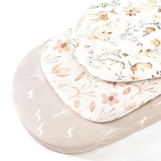 GRSSDER Stretchy Ultra Soft Fitted Bassinet Sheets 3 Pack, Universal Fit for Baby Cradle Moses Basket Oval Rectangle Mattress Safe and Snug, Beautiful Blush Pink Floral Bassinet Sheet for Girls