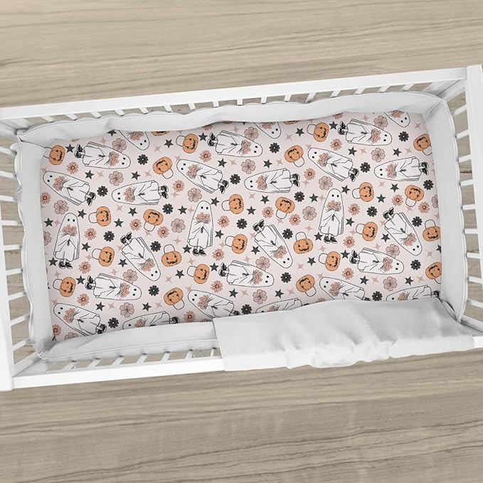 Boho Floral Halloween Pumpkin Spooky Baby Crib Sheets Sweet Gothic Soft Baby Sheets Spooky Season Fitted Crib Mattress Cover for Standard Crib and Toddler Mattress 52"x28"