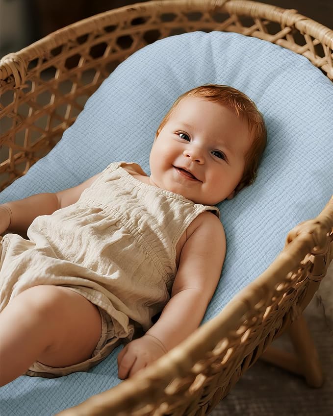 Muslin Bassinet Sheets Boy Girl, 100% Cotton Fitted Bassinet Sheet Set 2 Pack Bassinet Mattress Sheets Universal Fit for Rectangle, Round, Oval, Hourglass Mattress, Soft Breathable