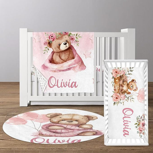 Custom Baby Crib Bedding Set, Personalized Name Pink Bear Design Crib Set 3 Pcs, Soft Double Layer Blanket, Crib Sheet & Room Rug, Ideal Nursery Decor Gift for Baby Girls Boys
