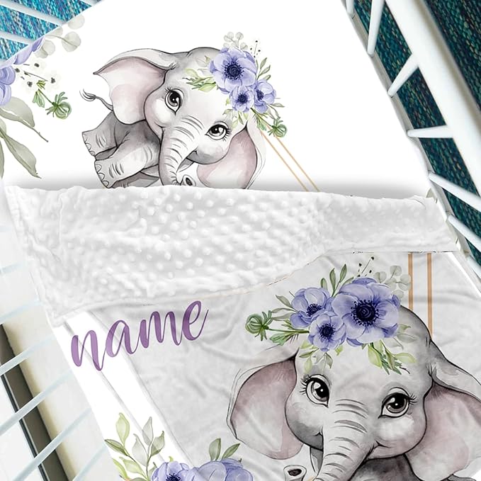 2-Piece Personalized Crib Bedding Set for Girls Boys, Including Double Layer Blanket, Crib Sheet, Infant Elephant Theme Set with Custom Name, Cozy and Durable Crib Set