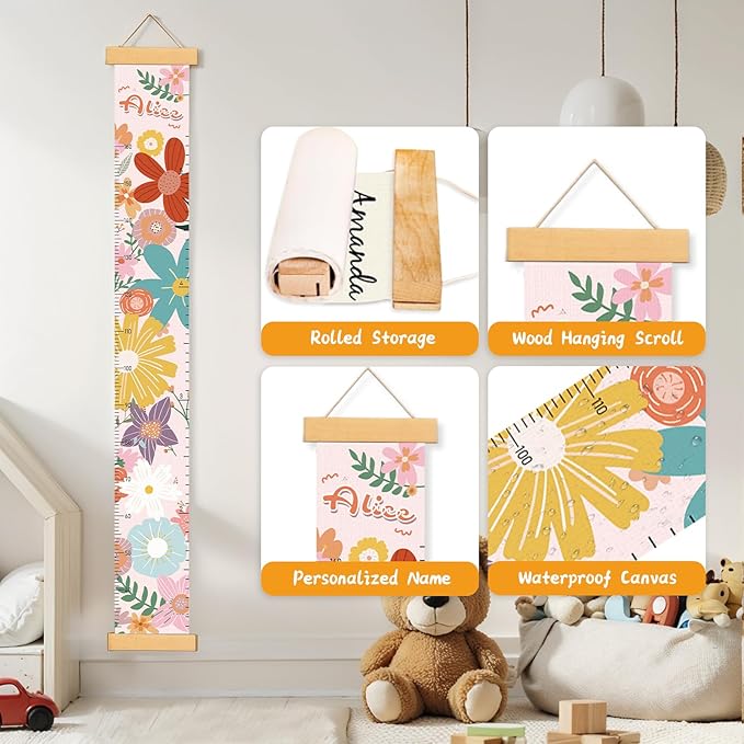 Woodemon Personalized Name Growth Chart for Wall, Painted Flowers Canvas Height Chart for Kids Baby Child Toddler, Canvas Growth Chart for Wall Nursery Decor, Hangable & Waterproof