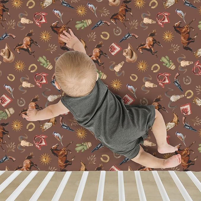 Western Cowboy Baby Crib Sheets for Boy Girl 52x28Inch Vintage Horse Cowboy Boots Hat Cactus Goat Sun Soft Snug Fitted Crib Mattress Cover Wild West Baby Sheet for Standard Crib & Toddler Mattresses
