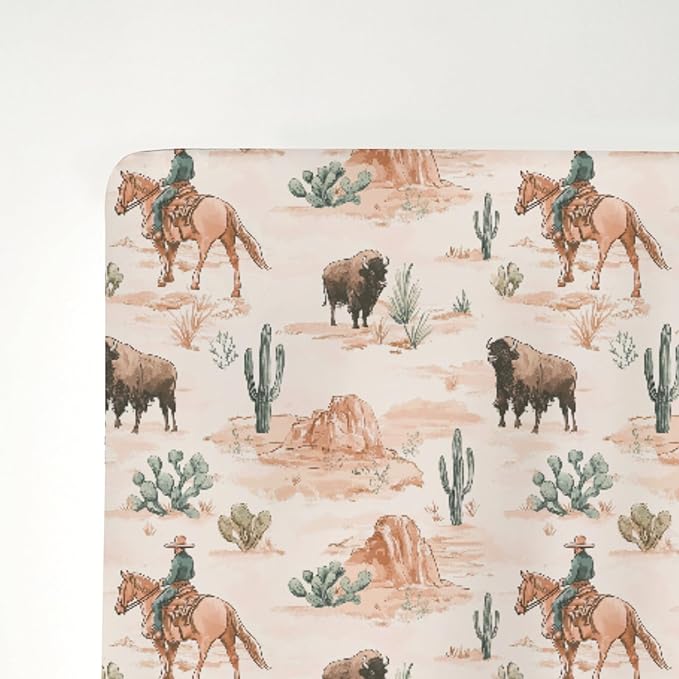 Vintage Cowboy Buffalo Baby Crib Sheets for Boy Girl 52x28Inch Retro Bison Cactus Soft Stretchy Fitted Crib Mattress Cover Western Desert Baby Sheet for Standard Crib and Toddler Bed Mattress