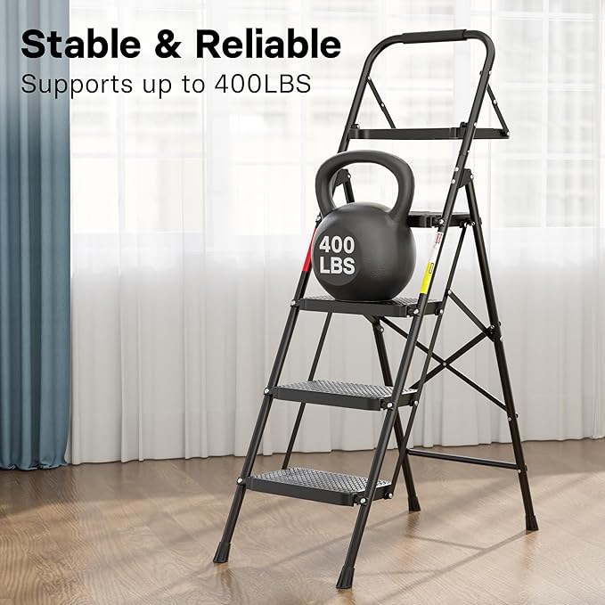 BONTEC 4-Step Ladder, 400lbs Max Load, Folding Step Stool with Tool Tray, Anti-Slip Pedals, Sturdy Steel, Lightweight Portable Ladder with Handrail for Home & Work Use, Black