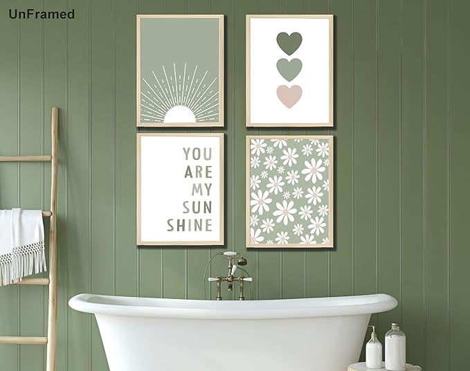 Boho Wall Art Set of 4 Sage Green Nursery Wall Decor You Are My Sunshine Canvas Painting Prints Daisy Flower Cute Heart Pattern Posters Baby Room Pictures for Bedroom Kid Girls Room 12x16 In Framed