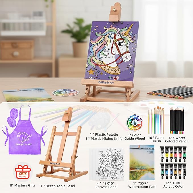 Falling in Art 46 Pcs Acrylic Paint Set with Table Easel, Art Painting Kit with Acrylic Paints, Canvas Panels, Paintbrushes, Canvas Supplies Kit for Kids, Adults, Beginners, and Artists, Purple