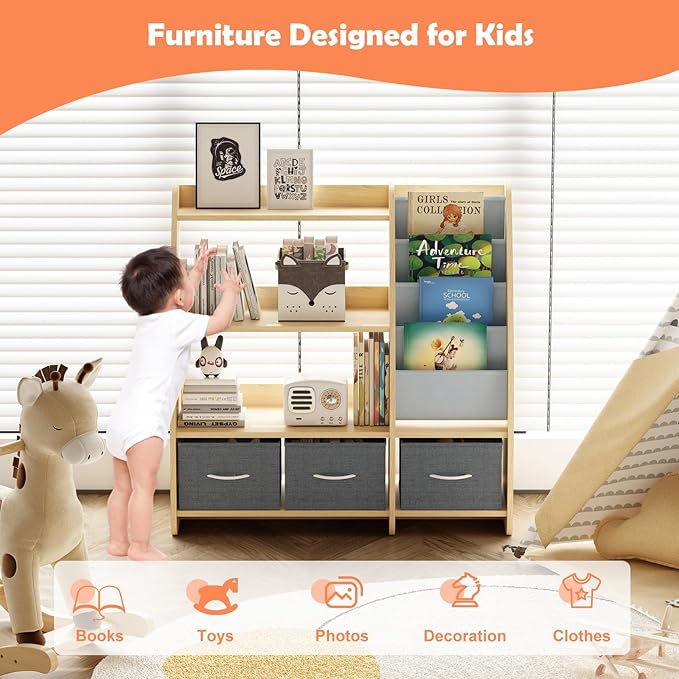 HedoAjim Kids Bookshelf Wood Toy Storage Organizer Cabinet Children Bookcase Toddler Baby Sling Book Rack 3 Cube Bins Sail Boat Arc Shape for Playroom Bedroom Nursery Classroom